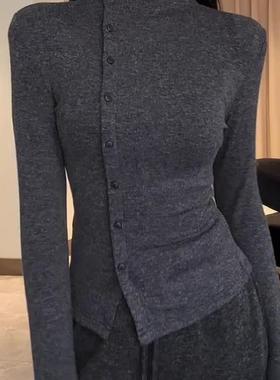 高级感灰色长袖t恤女2025秋季新款内搭打底衫不规则修身显瘦上衣