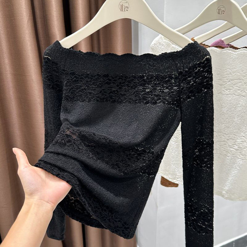 一字领长袖蕾丝美拉德棕色打底衫女秋冬内搭可外穿女人味性感上衣