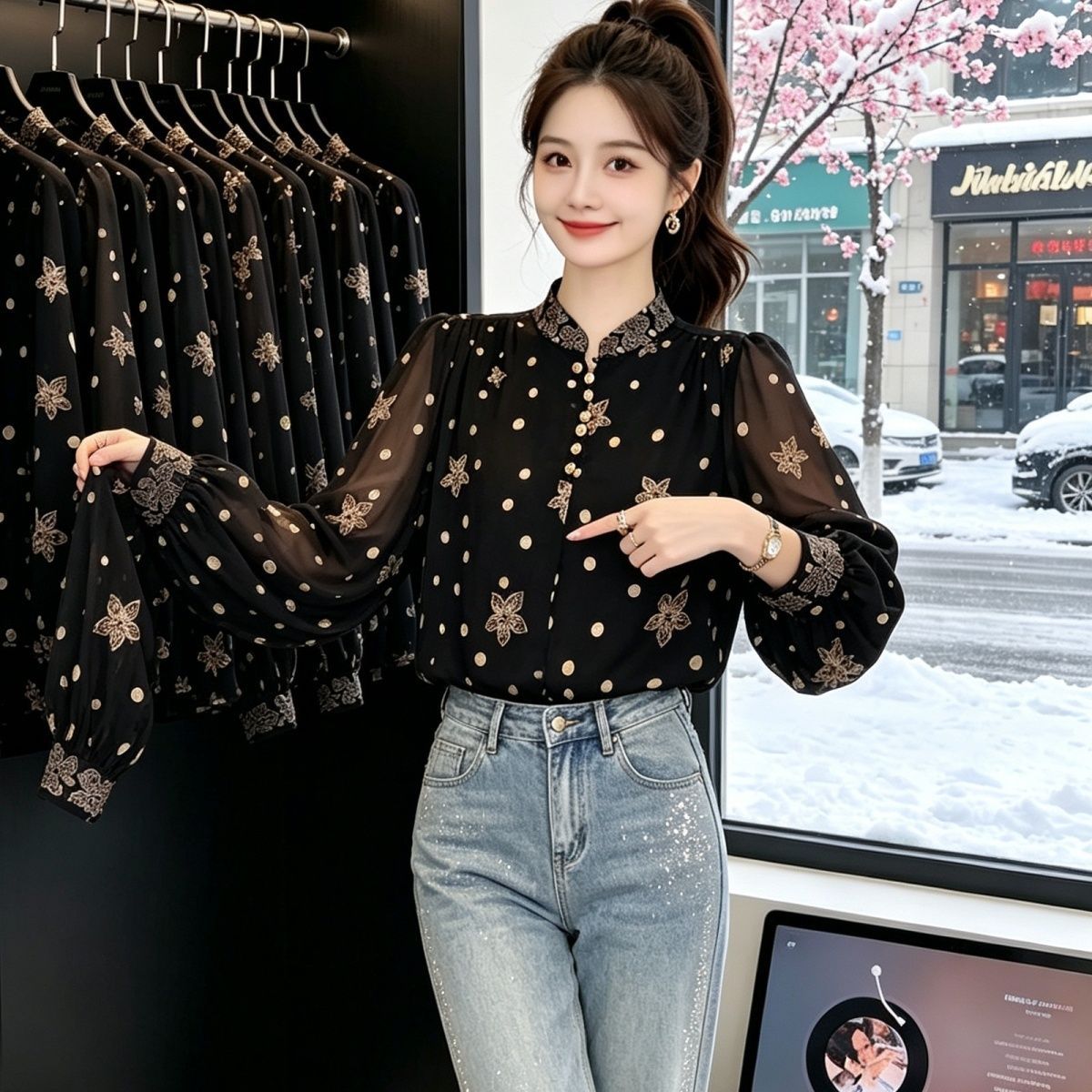 时尚洋气圆点印花立领妈妈衬衫2026秋季新款宽松遮肉长袖上衣女士