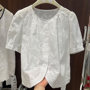 法式 衬衫 纯棉短袖 刺绣气质小衫 设计小个子上衣 女2025宽松夏季 新款