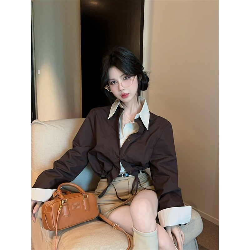 polo领假两件长袖衬衫女秋季高级感抽绳短款上衣宽松咖色工装衬衣