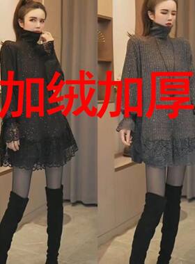 韩系黑色蕾丝花边拼接亮闪闪上衣大码别致独特超好看高领打底衫