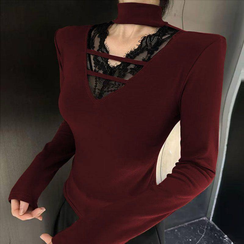 大码胖mm秋冬拼接V领长袖内搭T恤女2025新款女修身显瘦打底衫上衣