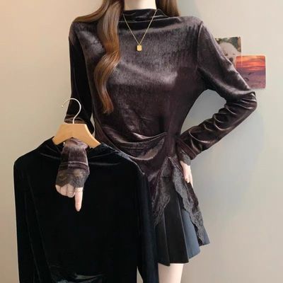 不规则金丝绒打底衫女秋冬大码微胖mm内搭半高领蕾丝修身显瘦上衣