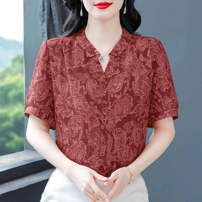 时尚印花雪纺衬衫女士短袖2025夏装新款气质小衫高贵洋气妈妈上衣