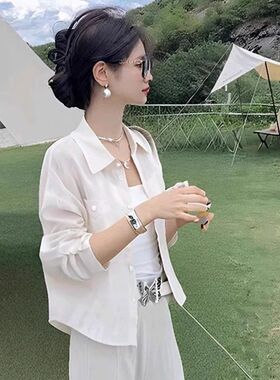 夏季白色开衫外搭冰丝防晒衬衫女新款时尚翻领短款纯色防晒衣外套