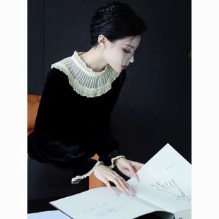 黑色丝绒衬衫 上衣 女秋冬轻奢高级感独特漂亮巨好看荷叶边拼接法式