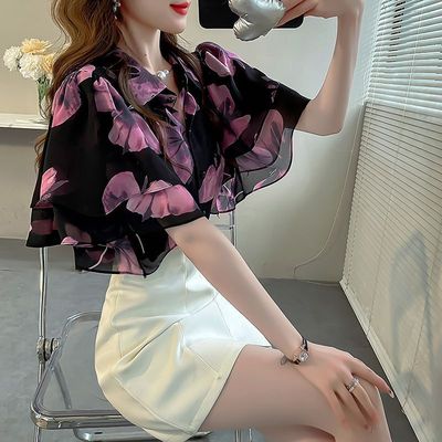 荷叶边独特别致雪纺上衣韩版印花女士洋气小衬衫宽松夏季短款衬衣