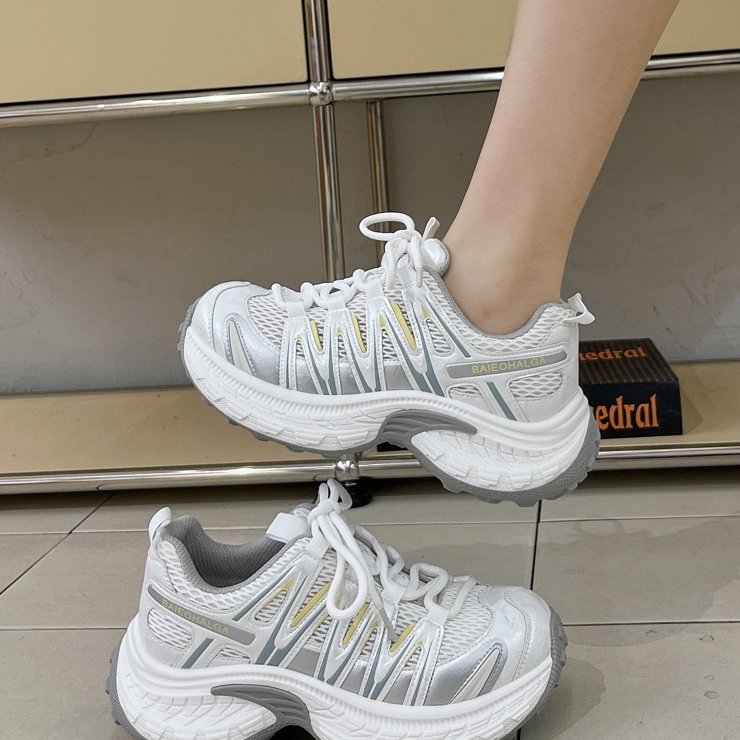 女鞋欧美休闲鞋牛皮网透气厚底