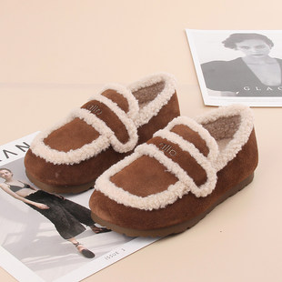 嘉俪多女欧美勃肯懒人牛反皮冬季 舒适 加绒平底圆头一脚蹬2025新款