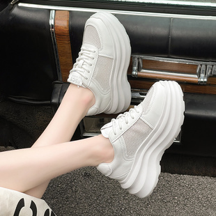 新款 嘉俪多女鞋 牛皮网松糕底高跟系带ins2025春季 休闲小白鞋 韩版