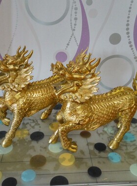 黄铜同麒麟摆件一对纯铜招財