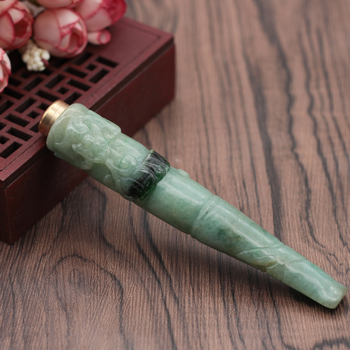 特价 缅甸天然翡翠A货玉器 糯种飘绿蝙蝠竹报平安烟嘴带滤嘴 包邮