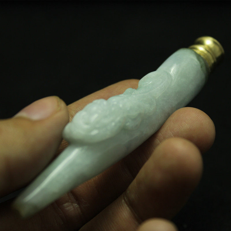 特价 缅甸天然翡翠A货玉器 糯种淡紫罗兰草龙螭龙烟嘴带滤嘴 包邮