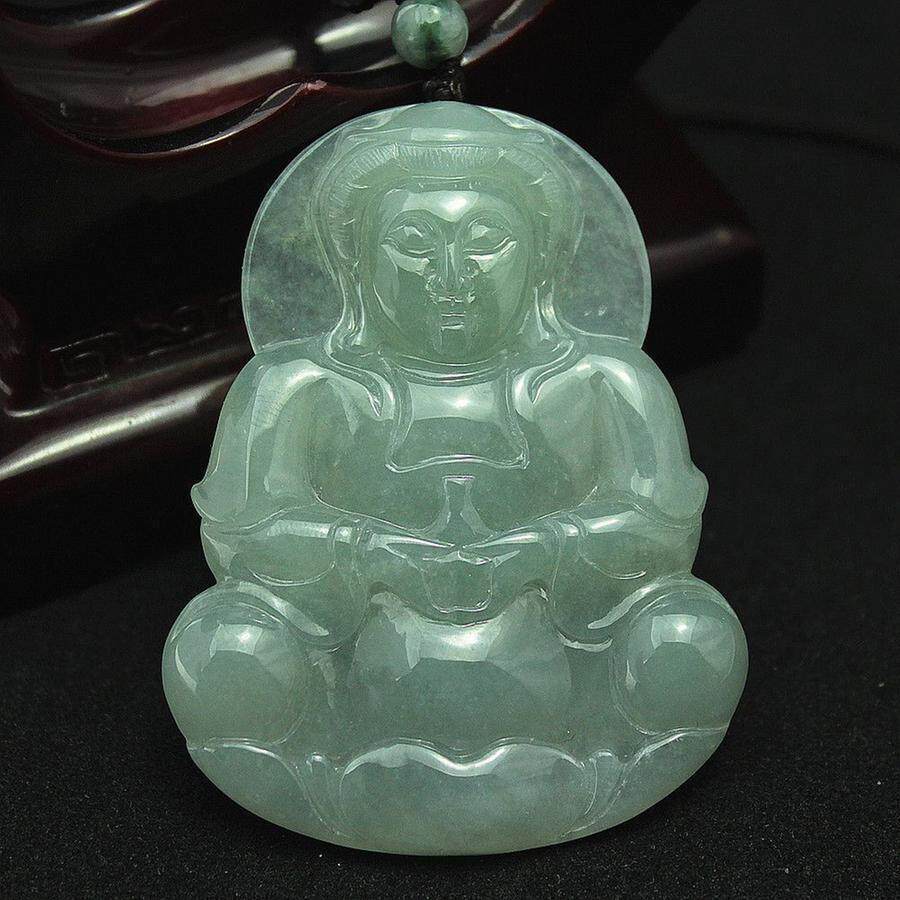 特价 缅甸天然翡翠A货玉器 老坑冰种浅紫底色精雕观音吊坠 包邮