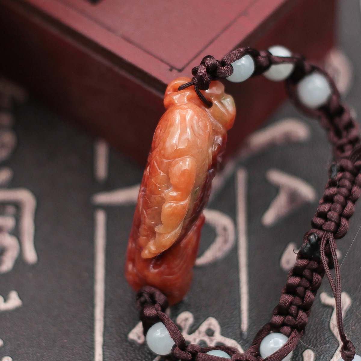 特价 缅甸天然翡翠A货玉器 老坑糯种红翡年年有余鲤鱼手牌 包邮