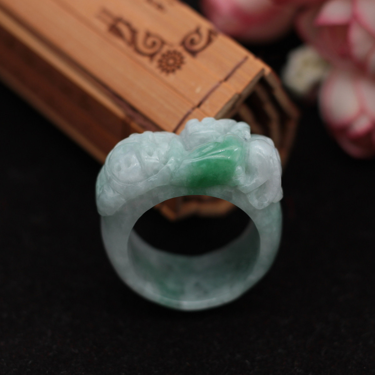 5mm 缅甸天然翡翠a货玉器 糯种飘绿如意福字螭龙草龙戒指 包邮