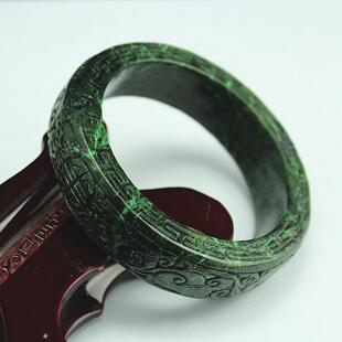 59mm 缅甸天然翡翠A货玉器 复古干青铁龙生如意浮雕手镯 顺丰包邮