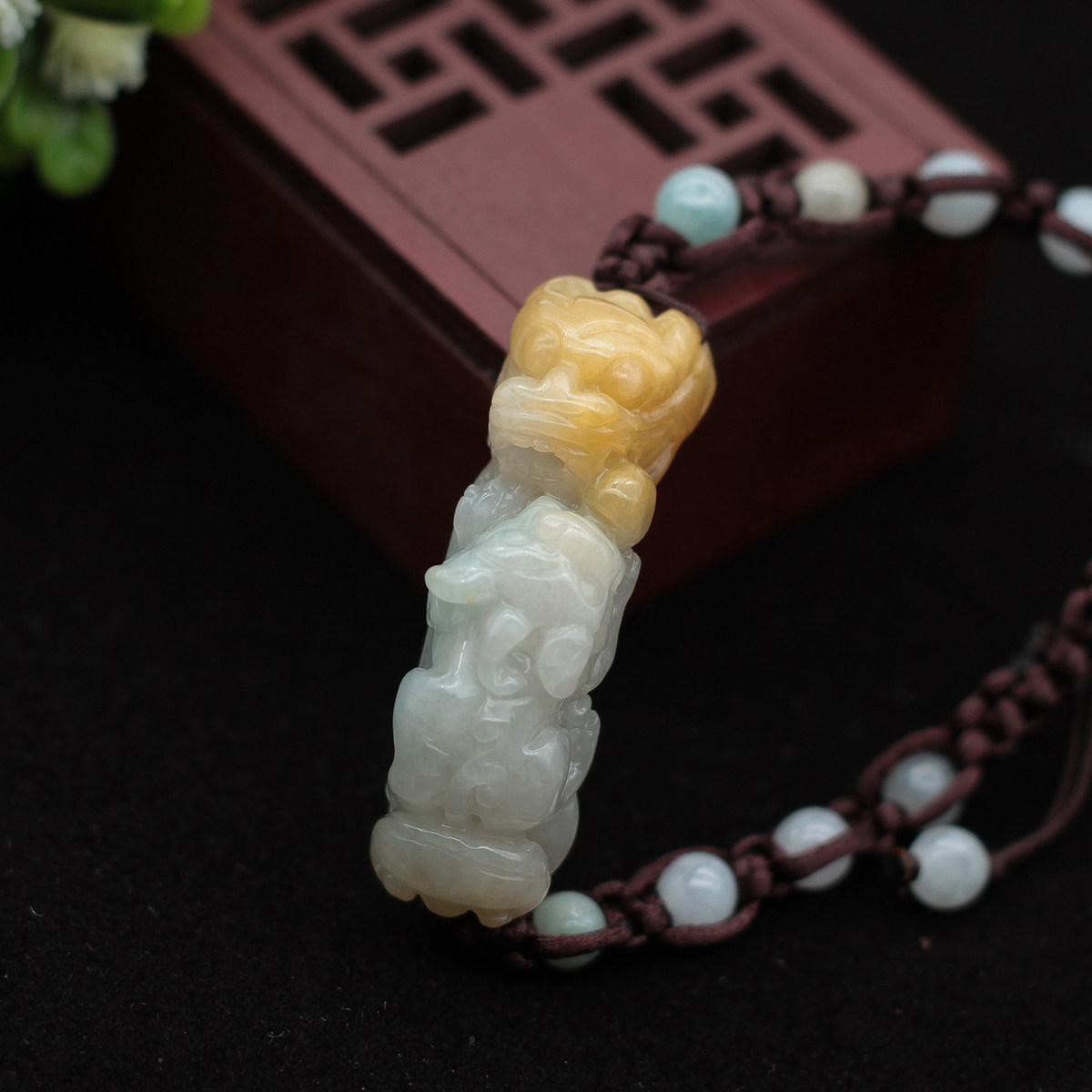 特价 缅甸天然翡翠A货玉器 糯种黄翡螭龙龙勾草龙手牌手链 包邮