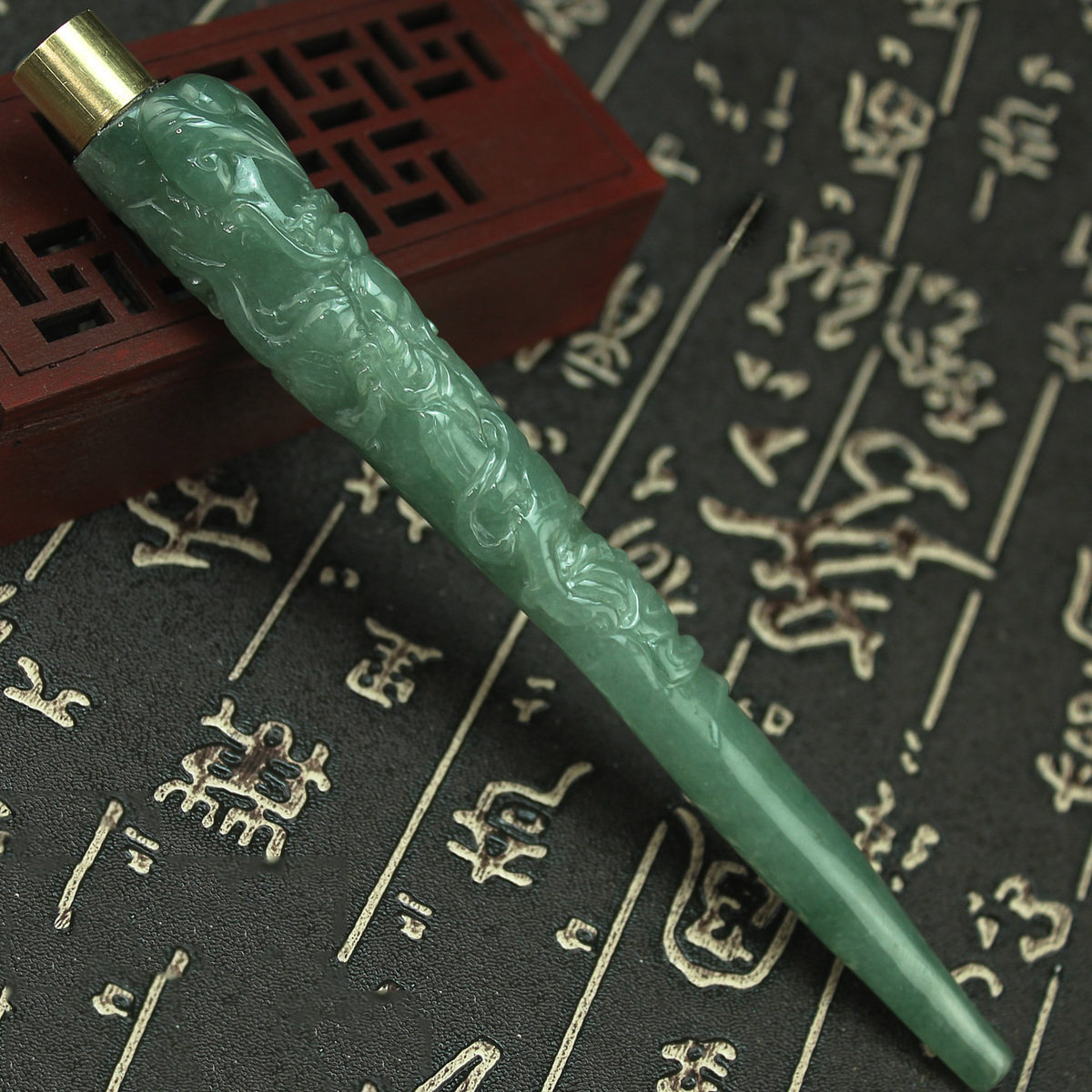 缅甸天然翡翠A货玉器 老坑冰糯种油青龙凤呈祥加长款烟嘴 带滤嘴