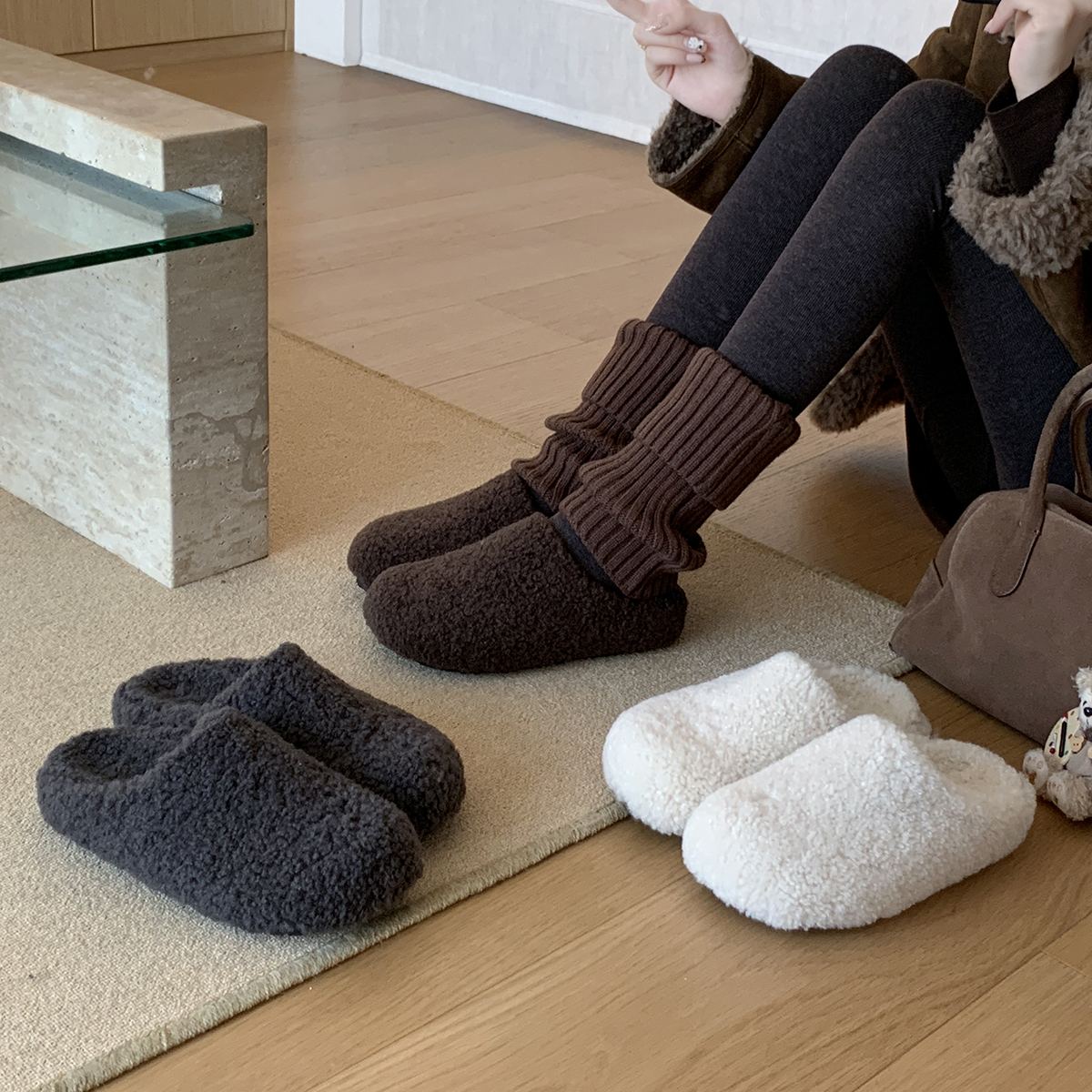 宝小姐简约包头半拖鞋女外穿2025秋冬季新款时尚厚底百搭毛毛鞋