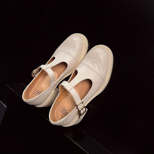 T字带高跟单鞋 classics 羊皮白色中跟粗跟玛丽珍小皮鞋 经典 女