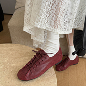 秋红色系带单鞋 Retro 女 牛皮复古棕色平底小皮鞋 feel 19世纪