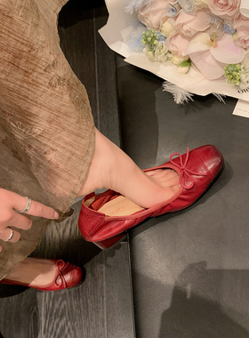 quality。质感拿捏· 软糯牛皮红色中跟粗跟单鞋2025新款高跟鞋女