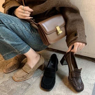 秋冬松弛感 棕色单鞋 通勤乐福鞋 女 英伦风粗跟高跟小皮鞋 lazy