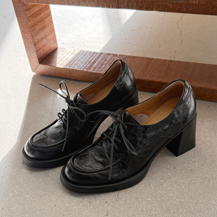 Vintage。高智风· 羊皮软底黑色粗跟乐福小皮鞋26新款高跟单鞋女