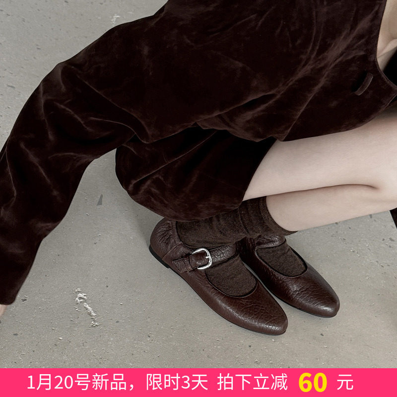 vibes。氛围感· 羊皮棕色平底玛丽珍鞋26新款黑色一字扣带单鞋女,女鞋,浅口单鞋,淘宝优惠券,粉丝福利购,淘宝优惠卷