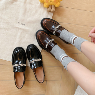 pretty。腿精控 · 黑色水钻一脚蹬乐福小皮鞋jk制服鞋平底单鞋女
