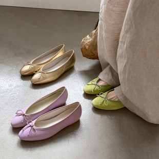 高颜值 金色蝴蝶结单鞋 26新款 女 羊皮紫色平底芭蕾舞单鞋 lazy