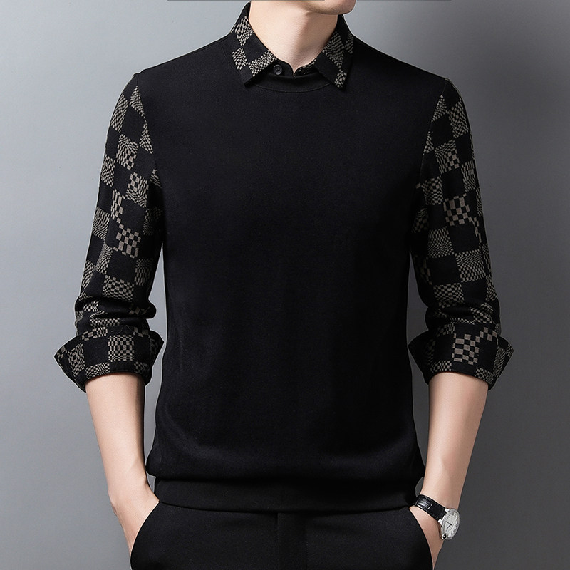 C2305钱塘2020-2秋冬男士长袖衬衣领假两件刺骨拉毛T恤休闲，男装针织衫/毛衣，钱塘207-2