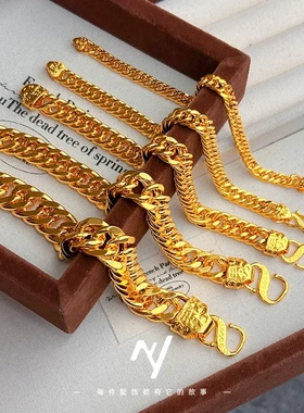 越南沙金手链男士坦克链复古霸气福扣龙头老板潮男饰品手工