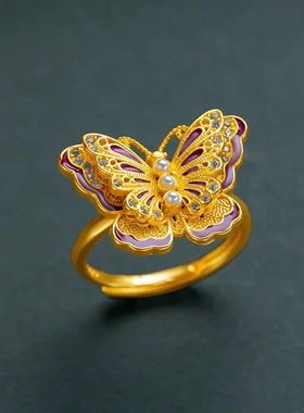 小众设计感珍珠蝴蝶戒指沙金时尚双层珐琅彩大蝴蝶戒指可调节指环