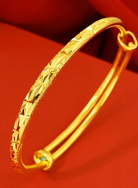 镀金女款印字推拉沙金手镯 精品满天星加厚金黄铜手镯