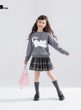 ZCS蓝色卡通白猫印花羊毛毛衣2025秋冬新儿童慵懒高级感针织上衣