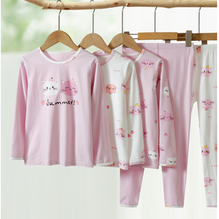 女童秋冬纯棉打底套装家居服小卡通小猫棉毛套秋衣秋裤中大童胖童