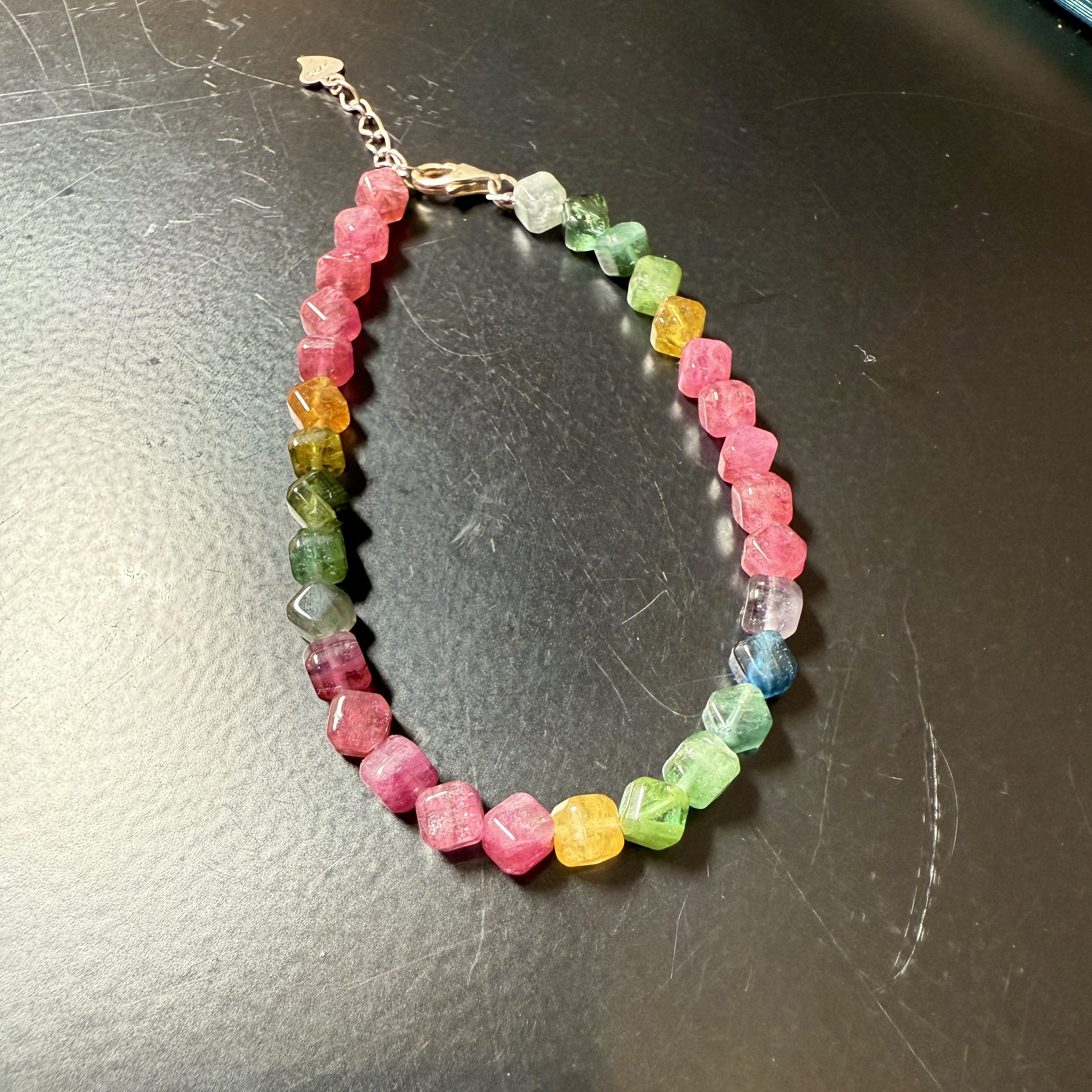 H96碧玺手链立体方块糖果甜美四方多彩多色宝石证书银扣宝石饰品