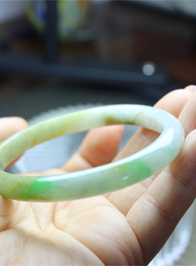F215翡翠手镯贵妃镯圆条细条53镯子玉镯证书黄绿超值天然硬玉
