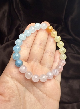 H713绿柱石摩根石圆珠彩色宝石手串珠串8mm超值粉黄蓝手链证书