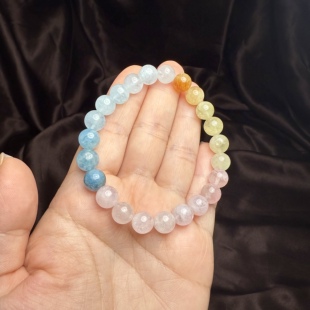 H713绿柱石摩根石圆珠彩色宝石手串珠串8mm超值粉黄蓝手链证书