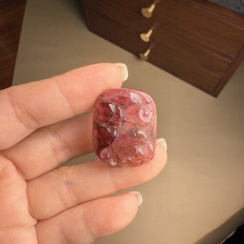 G69碧玺老碧玺老料吊坠红色手工雕刻雕件珍品蝙蝠如意中国古典