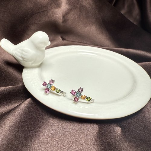 H75碧玺多色十字耳钉耳扣宝石饰品蓝粉黄绿纯银礼物顺丰证书