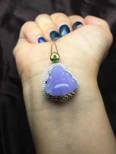 翡翠冰种紫罗兰紫佛佛公吊坠18K白金黄金钻石绿顶珠设计款孤品