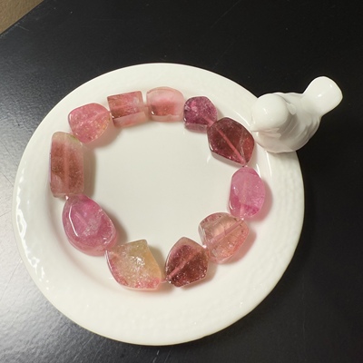 G610碧玺宝石粉色系列厚块厚片手串高端大颗奢华双色稀有大颗证书