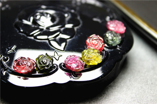 Q8雕刻碧玺蓝碧玺粉红西瓜7颗宝石天然无孔戒面镶嵌手链珠宝花朵