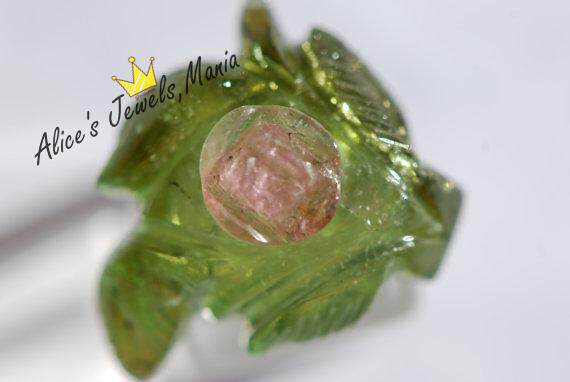 碧玺巴西粉绿手工雕刻雕件吊坠戒指镶嵌玫瑰花朵可爱通透现货N24