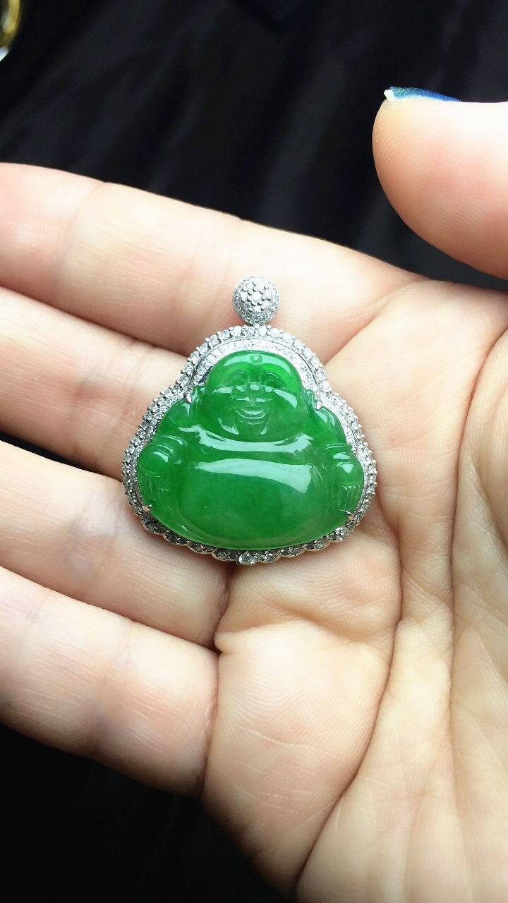 翡翠冰种满绿阳绿佛公吊坠18K白金全景天窗钻石豪镶证书高货
